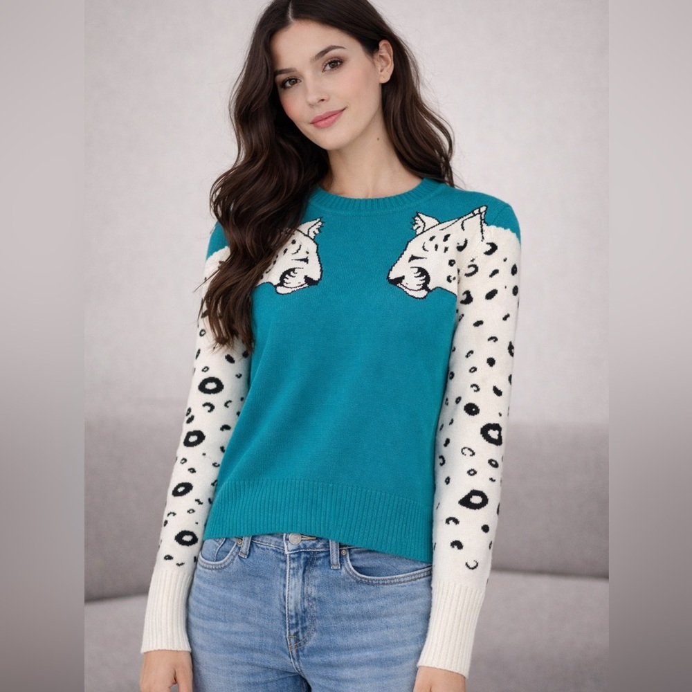 MINKPINK Snow Leopard Sweater 🐆 Teal Animal Print Graphic‎ Pullover Size M NWT
